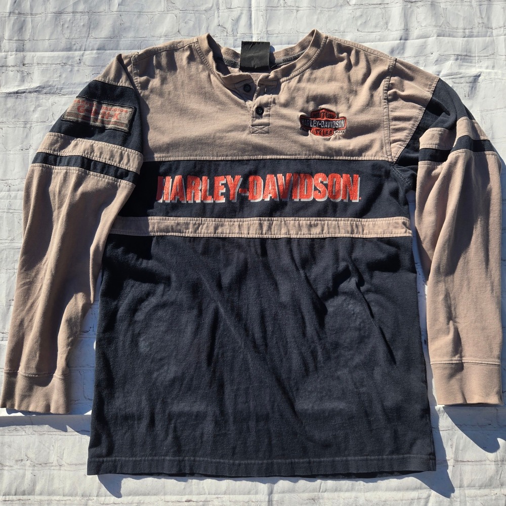 Y2k Vintage Harley Davidson Mens Henley Long Sleeve iron block biker grunge Med